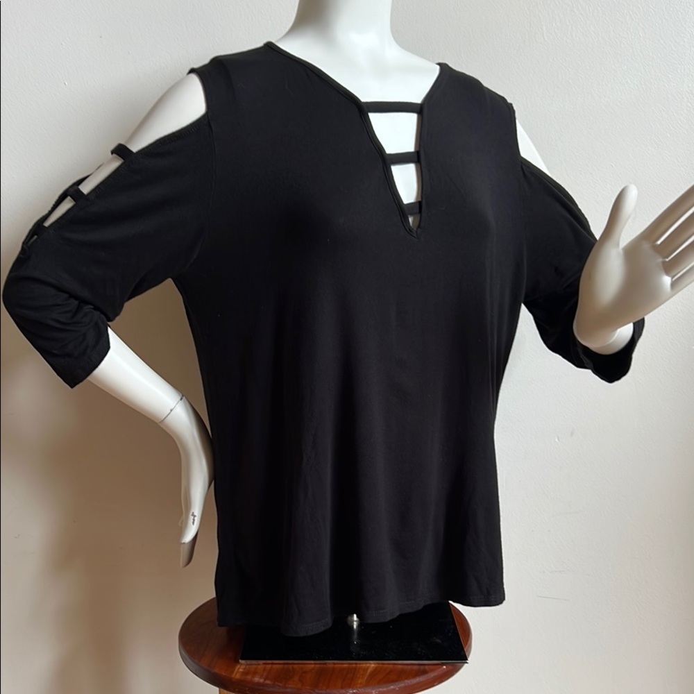 kim & Cami Black Cold Shoulder Top with cut outs on sleeve and neck